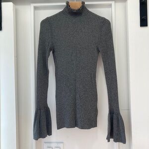 H&M Grey Ruffle Turtleneck Bell Sleeve Ribbed Sweater Size 2